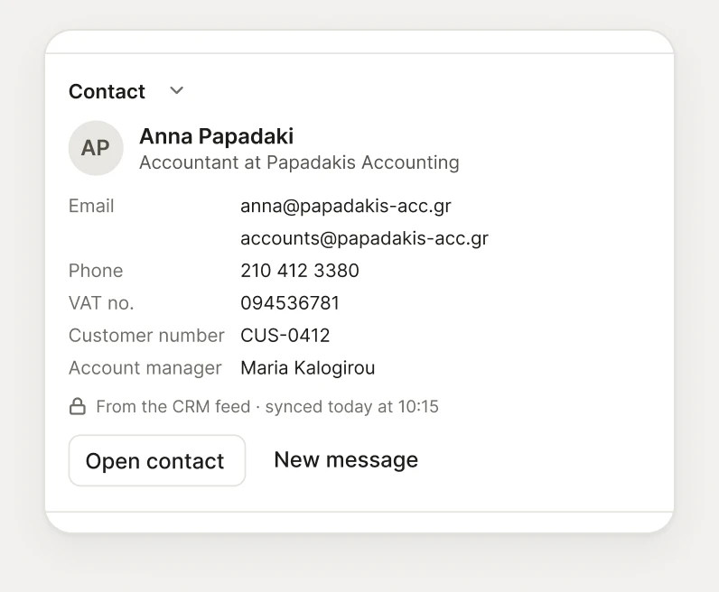 The details panel beside a conversation: Anna Papadaki’s email, phone, VAT number and custom fields, with Open contact.
