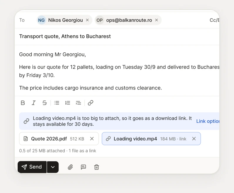 The composer with a 184 MB video that goes as a download link, beside an ordinary PDF attachment.