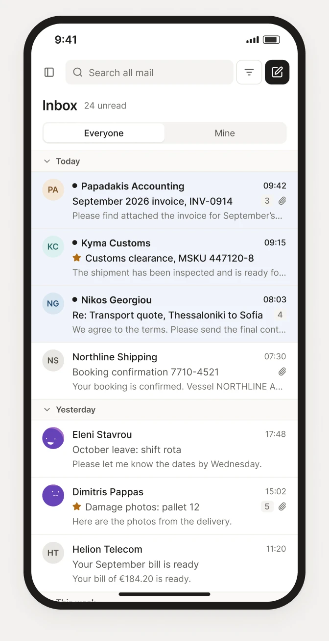 The DMU Mail inbox: shared and private mailboxes in the sidebar, Everyone or Mine beside the search, and an open invoice conversation assigned to George Petrou.
