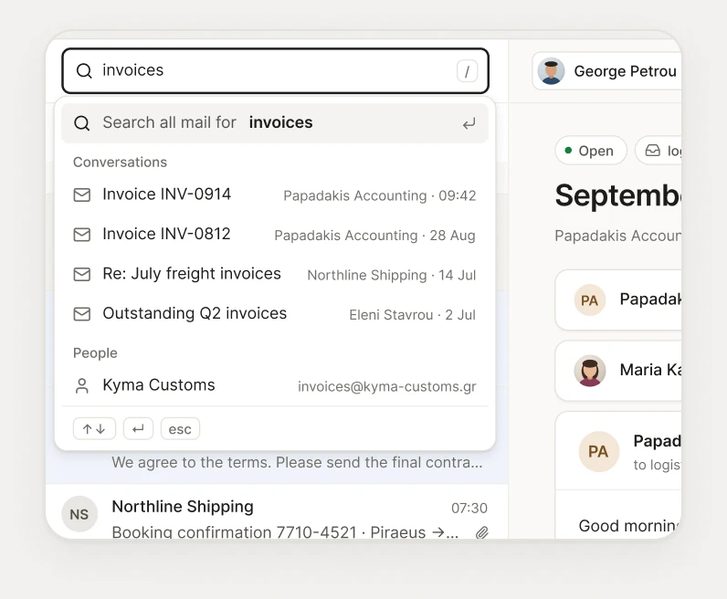 Search suggestions for “invoices”: Invoice INV-0914 and other invoice conversations, and Kyma Customs under People.